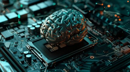 Wall Mural - A photorealistic of futuristic electronic brain on a sleek motherboard, brain pulsing with artificial intelligence, ready to revolutionize the way companies operate