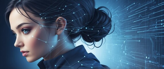 blue concept beautiful woman data cyber security banner with digital codes connections background