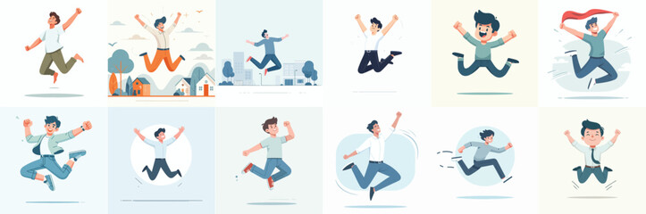 Canvas Print - vector set of a man jumping happily in a flat design style