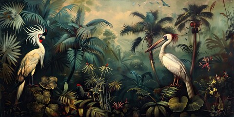 Wall Mural - Illustration of tropical wallpaper print design with palm banana leaves and exotic birds on canvas texture. Tropical plants and birds on textured background. AI generated illustration