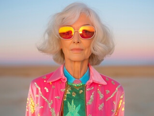 Wall Mural - A close-up of an older woman with gray hair wearing pink reflective sunglasses and a bright pink jacket. A bold and eccentric fashion statement captured against a serene desert backdrop.