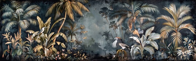 Wall Mural - Illustration of tropical wallpaper print design with palm banana leaves and exotic birds on canvas texture. Tropical plants and birds on textured background. AI generated illustration