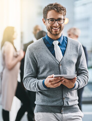 Poster - Businessman, tablet and portrait for project, company as web developer in digital agency. Male person, tech and positive with confidence in office for communication, growth or career in brand design