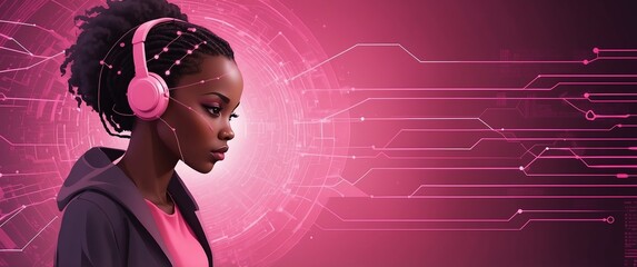 pink concept african woman data cyber security banner with digital codes connections background