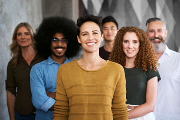 Poster - Creative, employees and smile for portrait, leadership and together or female person, about us and unity. Solidarity, women and men in group, happy and collaboration or business, writer and coworking