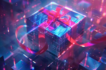Poster - Vibrant 3drendered image of a neonlit gift box with digital ribbons in a virtual environment