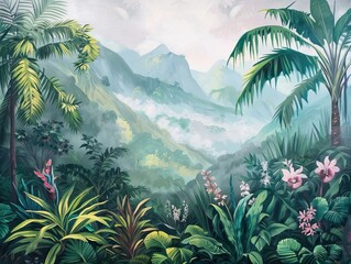 Wall Mural - Colorful tropical rainforest. palm leaves and other plants. Aloha textile collection. Tropical forest with dense vegetation of trees, shrubs and vines. AI generated illustration
