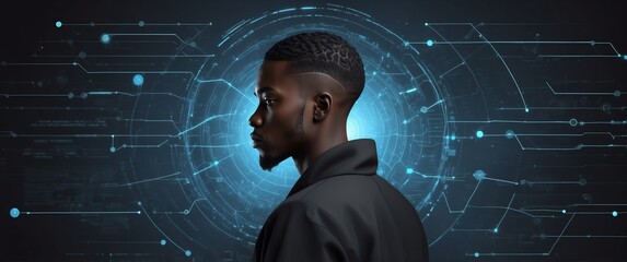 black concept african guy data cyber security banner with digital codes connections background
