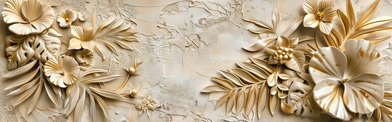 Wall Mural - Gold floral plants and palm leaves Wallpaper Mural, 3d illustration, grey background, abstract tropical leaves, banana leaves with 3d lines. AI generated illustration