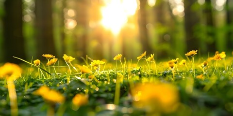 Wall Mural - Yellow flowers on grass in forest clearing sunlight filtering through leaves. Concept Nature Photography, Yellow Flowers, Forest Clearing, Sunlight Filtering, Serene Landscape