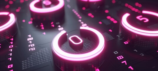 Poster - Neon binary code grid with swirling abstract shapes for visually striking digital display