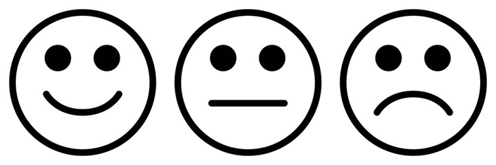 Wall Mural - emoticon icon set, three emoji - happy, sad and neutral, symbol of smiley face, black and white vector illustration