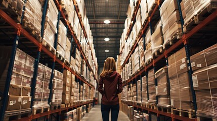 A woman in a red jacket walking down an aisle of a large warehouse filled with stacked boxes and shelves, illuminated by overhead lighting.