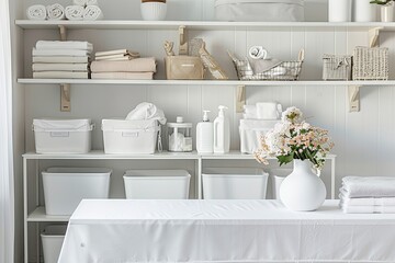 Wall Mural - Laundry Room with Storage Solutions: In a well-organized laundry room, a white table is elegantly covered with a fresh tablecloth a