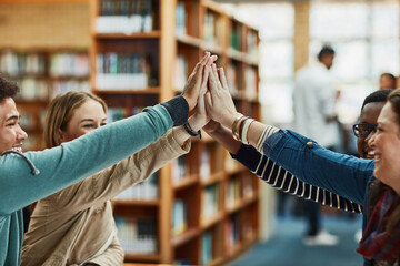Poster - Students, group and high five in library for learning, knowledge and education goals, support or team work. Young people with hands together for motivation, collaboration and success in university