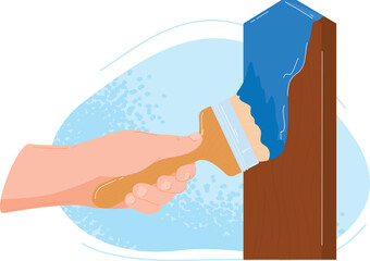 Hand holding paintbrush applying blue paint wooden surface. Brushstrokes visible blue color coats brown plank. Home improvement, renovation, decoration concept isolated white background