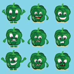 Sticker - Cartoon capsicum in different modes facial expression set.