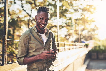 Poster - Outdoor, phone and portrait of black man, email and communication with company, notification and online. Entrepreneur, digital and smile for project, happiness and person with mobile in Atlanta