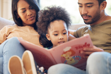 Poster - Book, child and parents on couch for learning, reading and fantasy or story in home. Family, young girl and together with mother and father in living room for happiness and education or knowledge