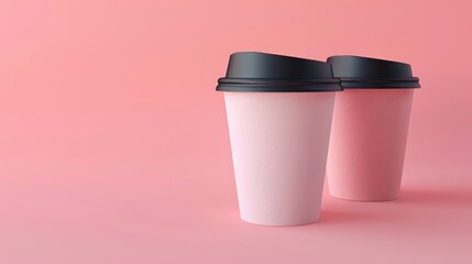 Wall Mural - 3d rendering of two paper coffee cups with black plastic lid isolated on pastel pink background, mockup template design for branding and packaging presentation concept design, close up