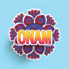 Poster - Sticker Style Onam Text on Rangoli (Atham) and Blue Background.