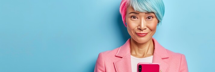 Senior woman with grey hair video calling on smartphone, modern lifestyle on pastel background