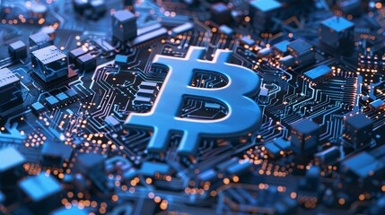 Aufkleber - BTC mining crypto symbol mainboard futuristic. Blockchain technology digital currency money gold coin exchange market. Trendy virtual cryptocurrency blockchain technology.