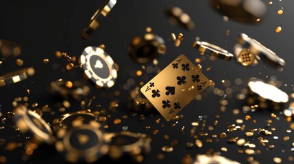 playing cards in the casino with gambling chips and black and gold style banner backdrop concept. 3d