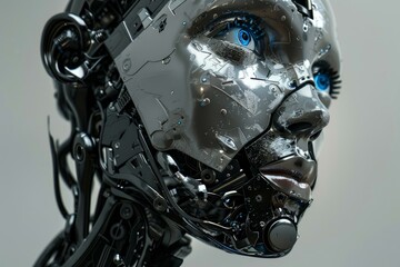 Poster - Closeup of a sophisticated female robot with a striking blue eye and intricate mechanical details