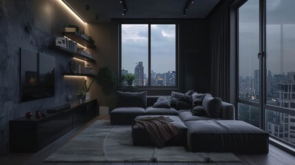 Wall Mural - A dark room with a couch, a coffee table, and a potted plant