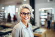 © Alexandr - An elderly gray-haired woman chooses glasses in an optics store.