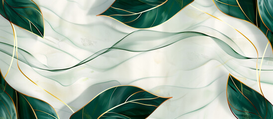 Sticker - green leaves pattern golden line abstract luxury texture background