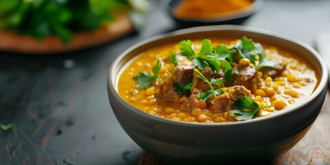 Wall Mural - Slow-Cooked Haleem A Flavorful and Comforting Dish Made with Lentils, Meat, Wheat, and Spices. Concept Cooking Methods, Lentil Recipes, Meat Dishes, Comfort Food, Spices & Flavors