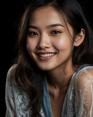 Wall Mural - black background studio portrait of smiling asian pretty woman model with clear smooth skin