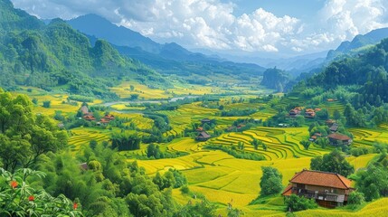 rice fields flat design top view agriculture cartoon drawing colored pastel