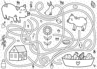 Canvas Print - Help the pig to find a way to the feeding trough with vegetables. Farm maze black and white activity page for kids. Mini game for school and preschool. Vector illustration