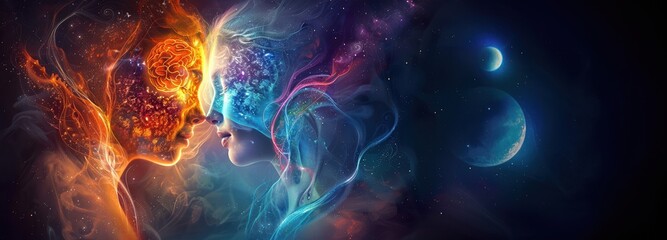 Wall Mural - twin souls facing each other in love and awe. one head in fire and earth colors, second head in wind