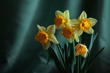 Poster - Serene closeup of vibrant daffodils with a moody, dark background