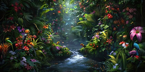 Wall Mural - Dark rainforest sun rays through the trees and birds digital illustration. AI generated illustration.