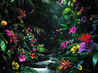 Wall Mural - Dark rainforest sun rays through the trees and birds digital illustration. AI generated illustration.