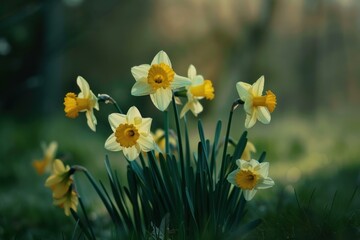 Poster - Tranquil and serene daffodils blooming at dusk in a beautiful spring garden filled with delicate floral beauty and soft natural light, creating a peaceful and gentle outdoor environment