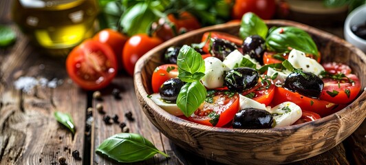 Wall Mural - Caprese Italian or Mediterranean salad. Tomato mozzarella basil leaves black olives and olive oil on a wooden table. 