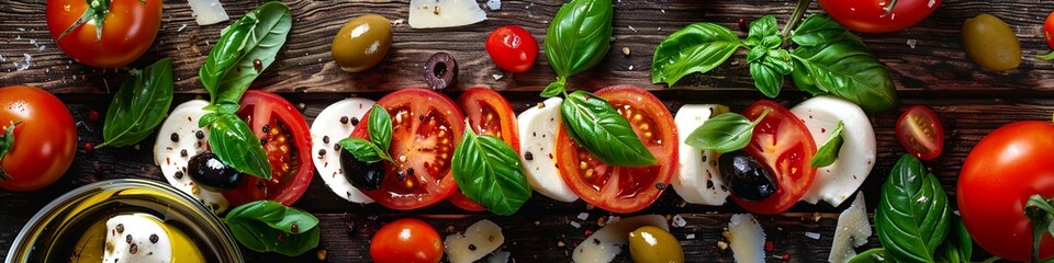Wall Mural - Caprese Italian or Mediterranean salad. Tomato mozzarella basil leaves black olives and olive oil on a wooden table. 
