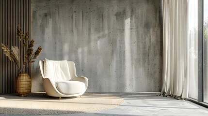 Poster - Living room interior mockup with carpet, white chair, and curtain. Blank gray concrete wall.