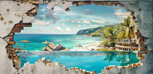A hole in a concrete wall overlooking the hotel resort five stars luxury with pool. Vacation and travel concept Digital landscape illustration for wallpaper poster banner 