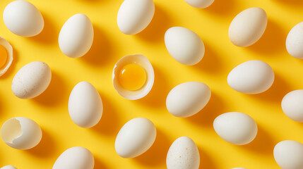 White eggs and egg yolk on the yellow background