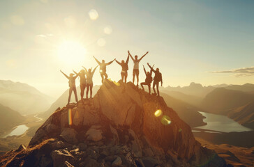 Wall Mural - A group of people standing at the top of the mountain, cheering with their arms raised high in joy and victory. 