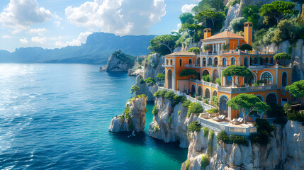 Luxurious villa nestled along the breathtaking Amalfi Coast of Italy, with panoramic views  