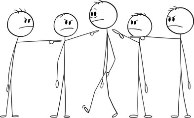 Canvas Print - Team or crowd pointing at another person, vector cartoon stick figure or character illustration.