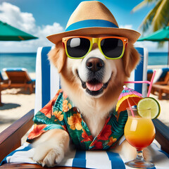 Wall Mural - dog with sunglasses and a suitcase at the beach